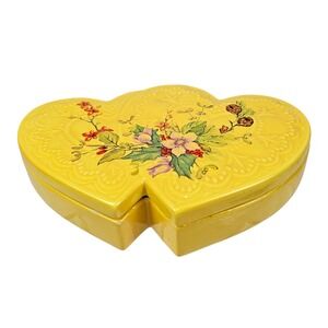 Ceramics by Roberta Vintage Yellow Double Heart Floral Trinket Box Jewelry Dish